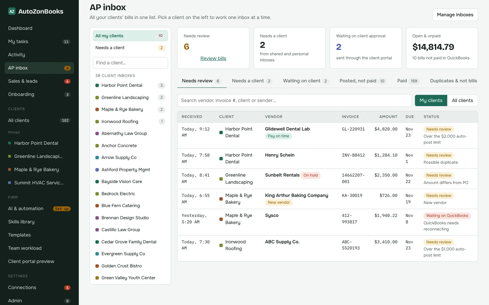 The AP inbox listing bills that need review across clients, with counts for bills needing a client, waiting on client approval, and open and unpaid