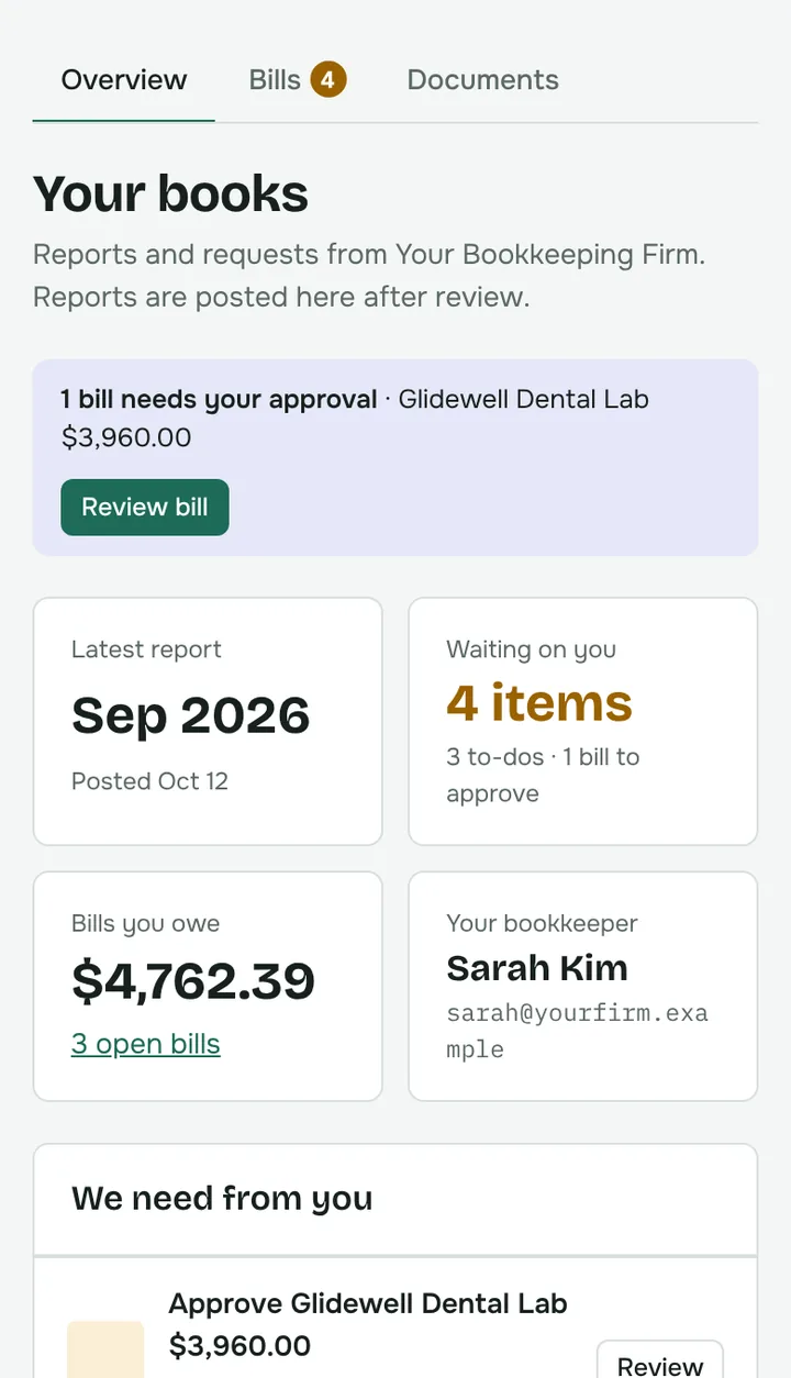 The client portal on a phone, showing a bill that needs approval and the client’s summary cards