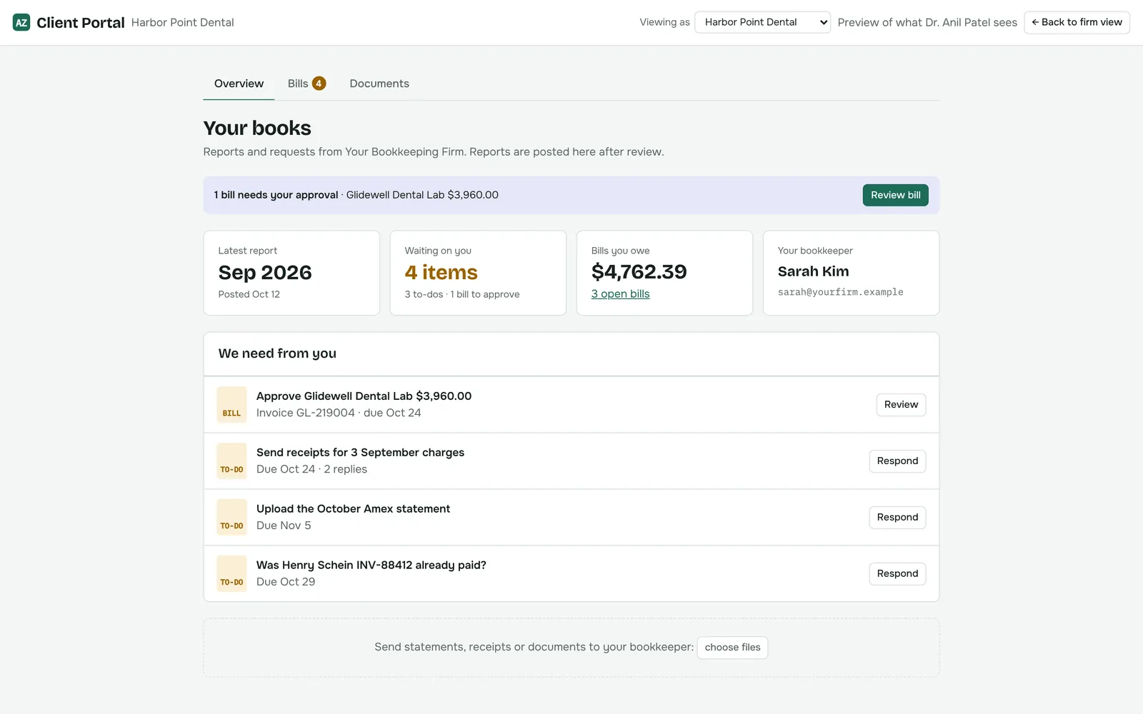 The client portal overview showing a bill waiting for approval, the latest report, items waiting on the client, bills owed and their bookkeeper’s contact